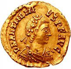 Munt met afbeelding van Romeins Keizer Anthemius (467 - 472 n. C)