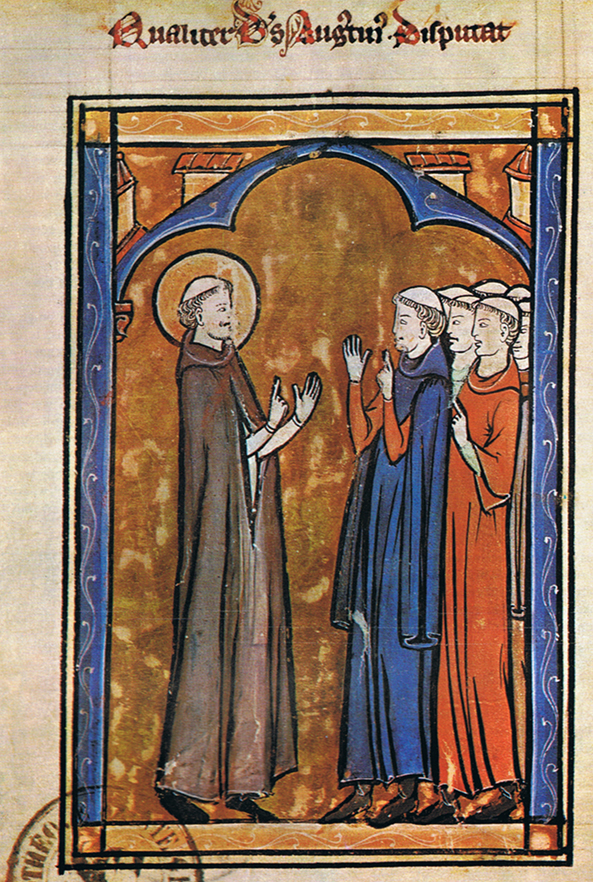 De werken van Augustinus, de grote kerkvader, behoorde tot de favoriete lectuur van Karel de Grote. Op de afbeelding zien we Augustinus met enkele leerlingen. Miniatuur uit een middeleeuws manuscript (Biblioth&egrave;que Sainte Genevi&egrave;ve, Parijs).
