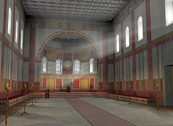 Digitale reconstructie van de Aula Regia in de Keizerspalts van Ingelheim.