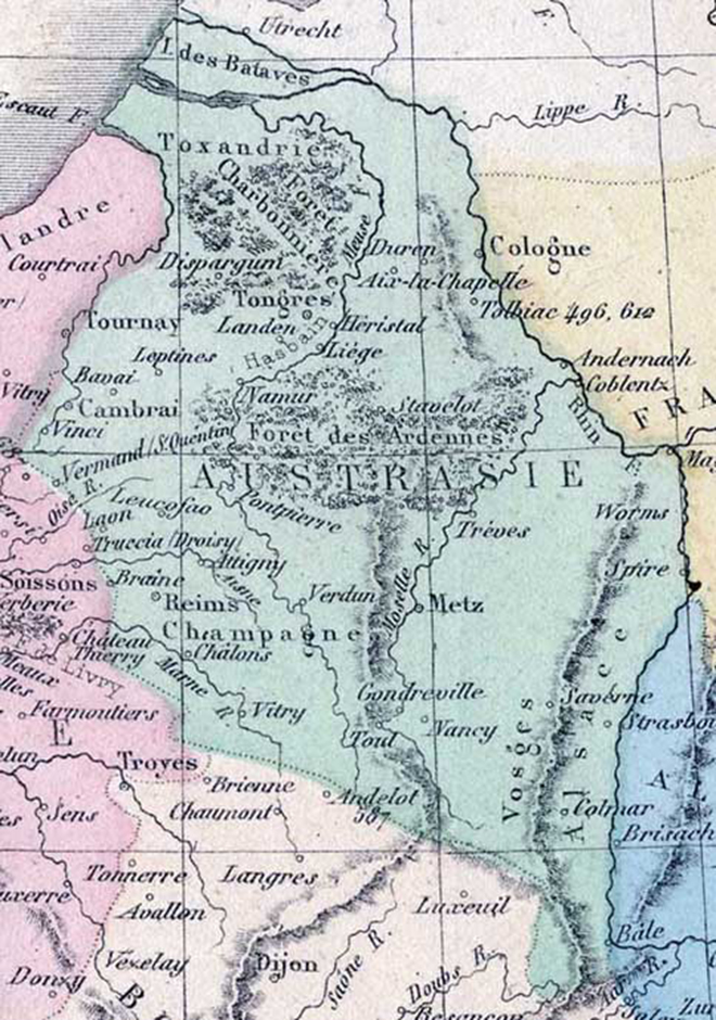 Kaart van Austrasië in 752.
