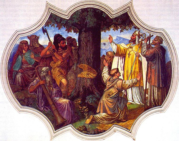 Bonifatius laat de Donareik omkappen (723).