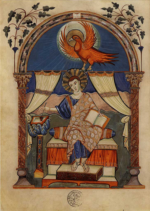 Karolingische kunst uit het beroemde bijbelboek van de Abdij van Lorsch. Dit boek werd gemaakt in de periode 778-820. De Abdij van Lorsch (deelstaat Hessen, Duitsland) was een van de invloedrijkste abdijen in de Karolingische tijd. De abdij is nu een Werelderfgoedsite (sinds 1991).