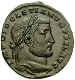 Munt met afbeelding van Romeins Keizer Diocletianus (284 - 305 n. C)