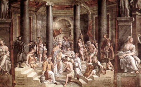 Afbeelding die de doop van Constantijn de Grote voorstelt. Karel de Grote richtte zich wat betreft het koningschap op deze voormalige Romeinse keizer, de eerste die zich liet dopen.