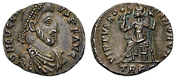 Munt met afbeelding van Romeins Keizer Eugenius (392 - 394 n. C)