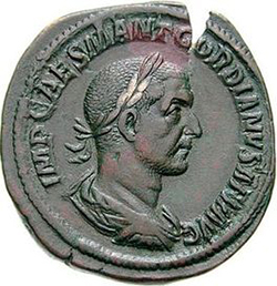 Munt met afbeelding van Romeins Keizer Gordianus I (238 n. C)