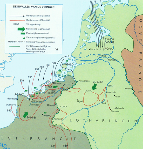 Kaart van de invallen van de Vikingen in onze streken in de periode 810-892.