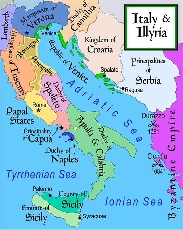 Kaart van Itali&euml; en Illyri&euml;, met rechts van Rome, het hertogdom Spoleto, waar paus Leo III bescherming kreeg van hertog Winigis na de mislukte aanslag op 25 april 799.