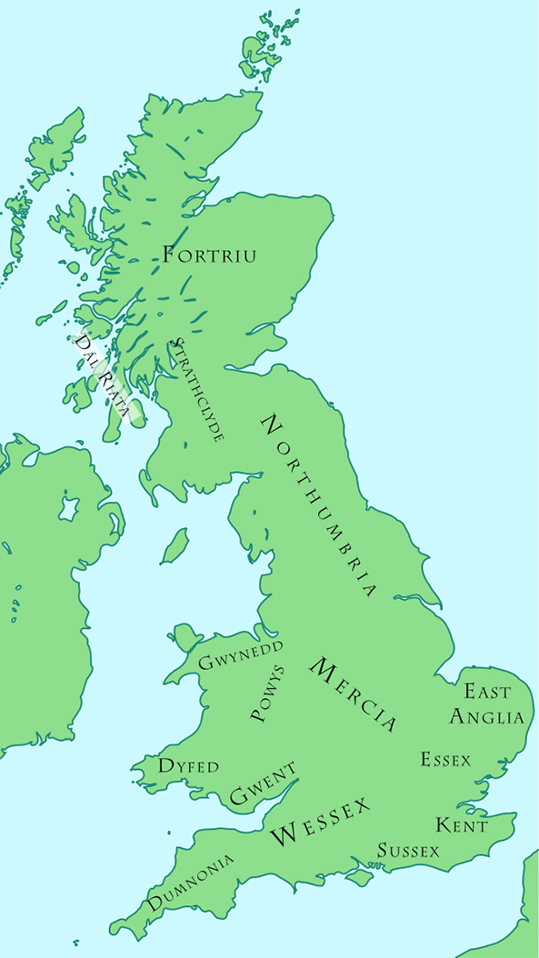 Kaart van de Britse Koninkrijken in de 8e eeuw. Karel de Grote onderhield eerst goede betrekkingen met Koning Offa van Merci&euml;. Deze goede betrekkingen werden echter teniet gedaan na de weigering van Karel om zijn oudste zoon bij Hildegard te laten trouwen met een dochter van Offa. Dit incident mondde uit in een handelsoorlog met Merci&euml; die echter niet lang duurde. 