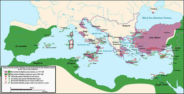 Kaart die de machtsverhoudingen weergeeft in het Middellandse Zeegebied (tussen het Kalifaat en Byzantium) van de 8e tot de 11e eeuw.