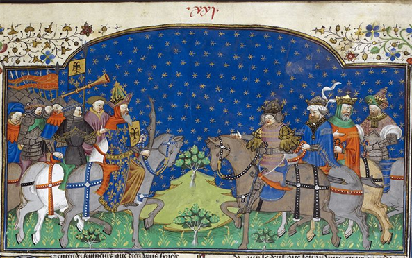 Detail van een miniatuur waarop Karel staat weergegeven tijdens een ontmoeting met vier koningen uit zijn rijk. In de afbeelding is duidelijk de hogere rang van Karel zichtbaar in vergelijking met de andere 'koningen'.