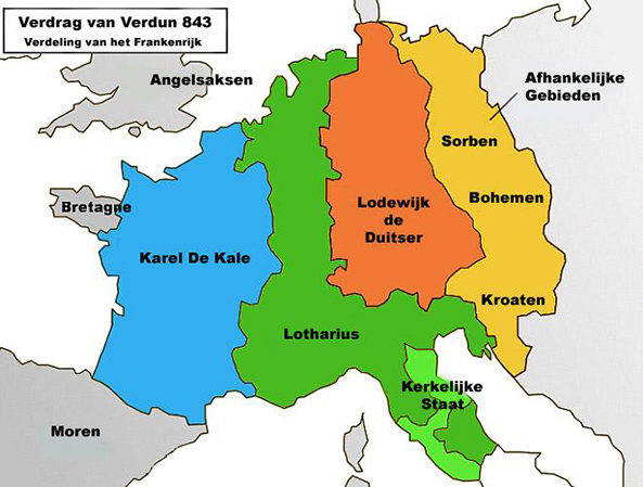 Op de kaart de verdeling van het Karolingische Rijk na het Verdrag van Verdun in 843. Het Karolingische Rijk overlapte dus het huidige Frankrijk, Duitsland, Belgi&euml;, Nederland, Zwitserland, Oostenrijk en delen van Itali&euml;, Polen, Tsjechi&euml;, Sloveni&euml; en Kroati&euml;.