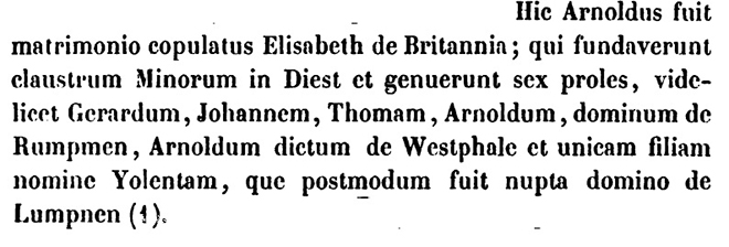Tekst uit Compte Rendu des Séances de la Commission Royale d'Histoire met vermelding van de kinderen van Arnold V (in het Latijn).