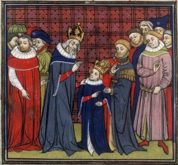 De kleine Lodewijk de Vrome wordt door zijn vader Karel de Grote gekroond tot koning van Aquitani&euml;.