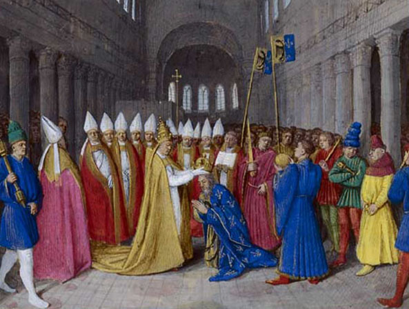 Kroning van Karel de Grote door paus Leo III tot keizer (800) van het Westromeinse Rijk in de Sint-Pietersbasiliek te Rome.