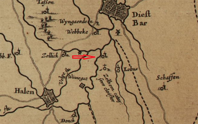 De eerste kerk van Zelem was gelegen aan de oever van de Demer onder Sint-Jansberg.