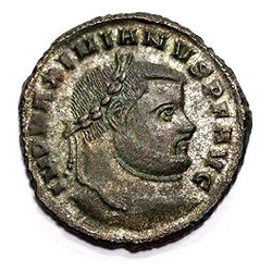 Munt met afbeelding van Romeins Keizer Maximianus (286 - 305 n. C)