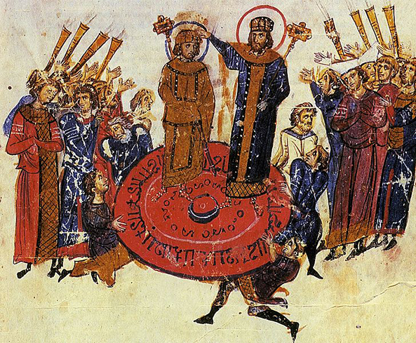 Michael I Rangabe wordt tot keizer van Byzantium gekroond, uit het manuscript bekend onder de naam Madrid Skylitzes (Sicili&euml;, 12e eeuw).