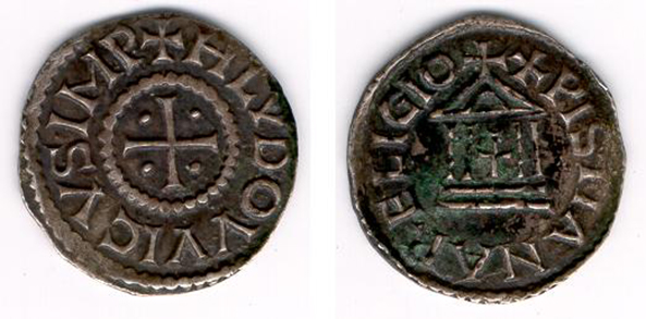 Munt uit de tijd van Karel de Grote met opschrift "Christiana Religio".
