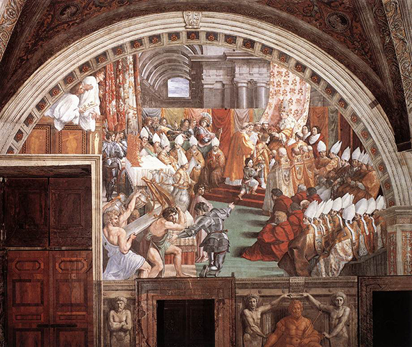 Afbeelding van de kroning tot keizer van Karel de Grote in een van de zogenaamde "Stanze de Rapha&euml;l" (kamers van Rafael) in de Sint-Pieterskerk te Rome. De fresco's werden voltooid in de periode 1508-1531.