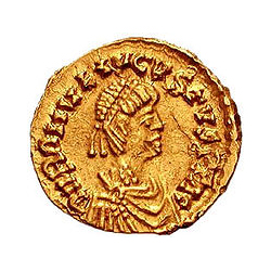 Munt met afbeelding van de laatste West-Romeinse Keizer, Romulus August(ul)us (475 - 476 n. C)