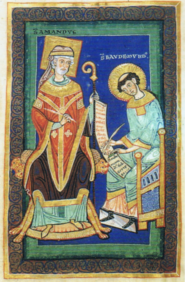 Miniatuur uit de twaalfde eeuw met Sint-Amandus die zijn testament aan Baudemundus dicteert. Deze monnik en latere abt van de Gentse Sint-Pietersabdij schrijft het zorgvuldig neer met een ganzenveer op een rotulus.