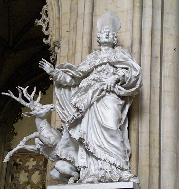 Beeld uit 1689 van Hubertus met hert door de Luikse beeldhouwer Jean Del Courin de Sint-Jacobskerk te Luik. De heilige Hubertus van Luik (655-727) was de laatste bisschop van Maastricht en de eerste van Luik.