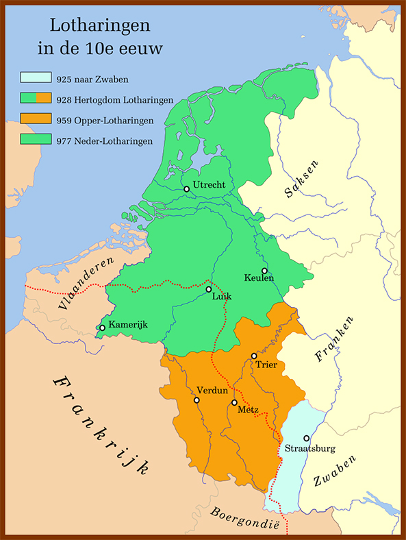 Kaart van Lotharingen na de splitsing in 959.