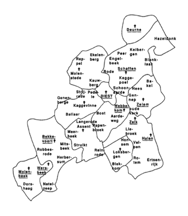 Onderstreept zijn de middeleeuwse parochies en heerlijkheden. Aangegeven zijn de grenzen van de gemeenten tot 1976.