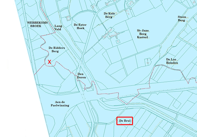 Op de kaart de voormalige locatie van de burcht van Zelem (X). Deze locatie is zeker vermits onlangs bij de aanleg van een poel op deze plek, restanten van de burcht werden ontdekt. Rechtsonder deze locatie zien we op Zelks grondgebied, het gebied "De Brul" waarvan de naam etymologisch verwijst naar de burcht. Dit zou kunnen betekenen dat deze gronden vroeger bij de burcht behoord hebben.