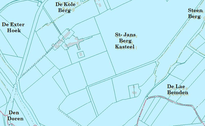 Locatie van Sint-Jansberg op het cadastraal plan. Merk op dat op de huidige cadastrale plannen, nog steeds de benaming "Sint-Jansberg Kasteel" wordt aangehouden, ondanks het feit dat de site al sinds 1919 niet meer in gebruik is als kasteel.