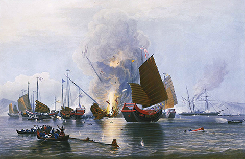 De Nemesis vernietigt Chinese jonken tijdens de Eerste Opiumoorlog