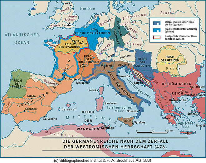 Het Germaanse rijk na de val van het West-Romeinse rijk in 476.