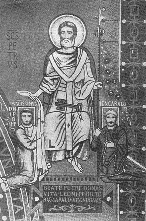 Afbeelding van het verdwenen moza&iuml;ek in het triclinium (eetzaal) van het Lateraans paleis te Rome. In het midden op de afbeelding de H. Petrus met aan zijn rechterhand Paus Leo III die het pallium ontvangt als teken van de geestelijke macht en links Karel de Grote die een vlaggenmast ontvangt als teken van zijn wereldlijke macht.